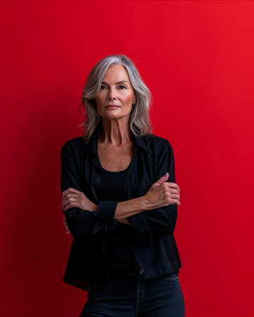 an older woman standing in front of a red wallの素材