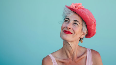 an older woman wearing a pink hat and smilingの素材