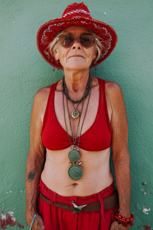 an older woman wearing a red bikini top and a red hatの素材