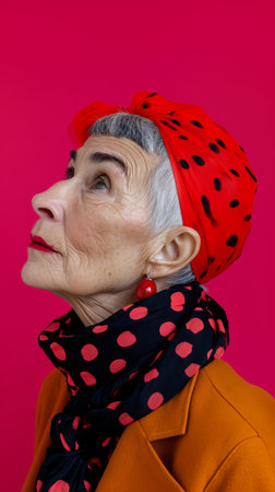 an older woman wearing a red polka dot headscarfの素材