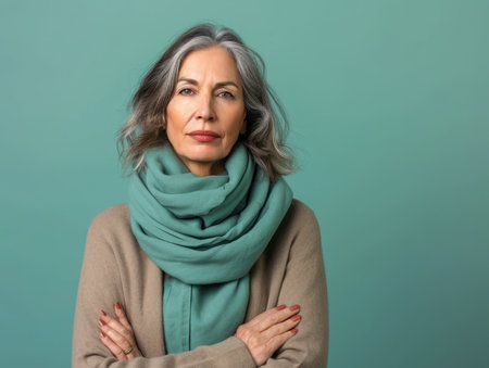 an older woman wearing a scarf standing with her arms crossedの素材