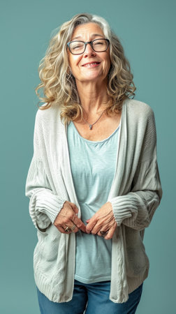 an older woman wearing glasses and a cardiganの素材