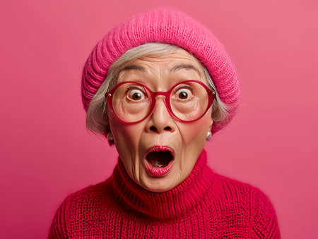 an older woman wearing glasses and a pink sweaterの素材