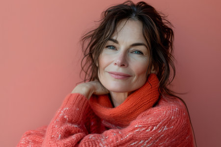 a woman in an orange sweater posing for the cameraの素材