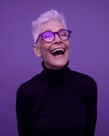 an older woman wearing purple glasses and a black turtleneckの素材
