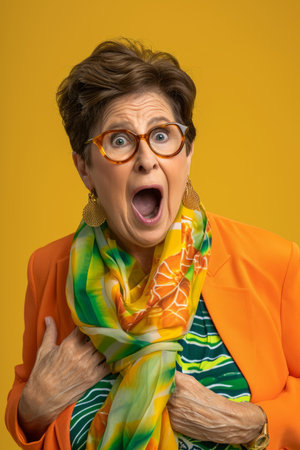 an older woman wearing glasses and an orange jacketの素材