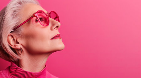 an older woman wearing pink glasses on a pink backgroundの素材