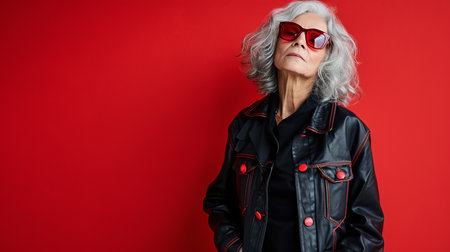 an older woman wearing sunglasses and a leather jacket against a red backgroundの素材