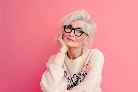 an older woman wearing glasses and a sweater posing on a pink backgroundの素材