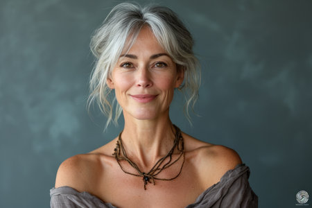 a woman with gray hair posing for a photoの素材