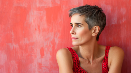 a woman with short hair and a red dressの素材