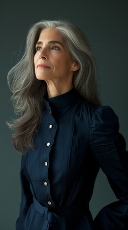 a woman with gray hair posing for the cameraの素材
