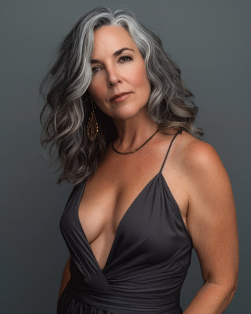a woman with gray hair posing for a portraitの素材