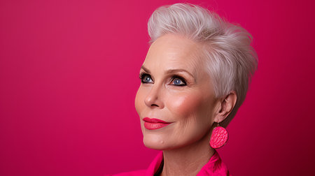 a woman with short white hair and pink shirtの素材
