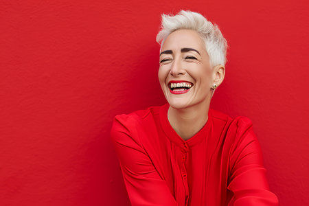 a woman with short white hair and a red shirt is smilingの素材