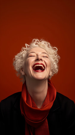 a woman with white hair and a red scarf is laughingの素材