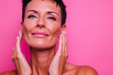 a woman with short hair and pink skinの素材