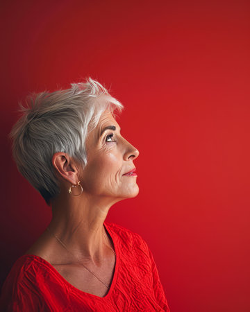 a woman with short white hair looking up at something on a red backgroundの素材