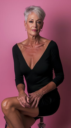 an older woman in a black dress sitting on a stoolの素材