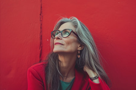 an older woman wearing glasses and a red jacket leaning against a red wallの素材