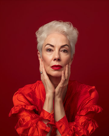 a woman with white hair and red lips posing for the cameraの素材