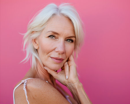 a woman with white hair posing against a pink backgroundの素材