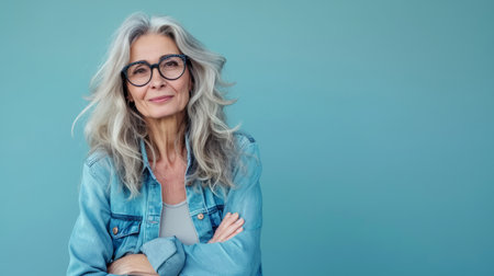 an older woman with glasses and a denim jacket standing in front of a blue backgroundの素材