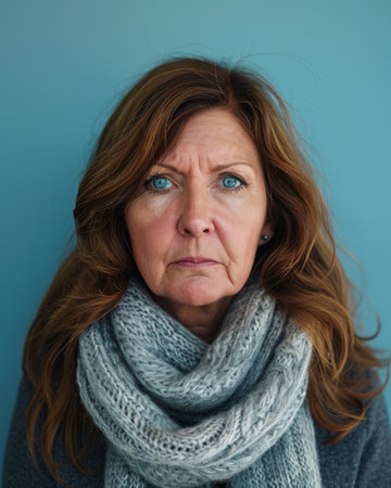 an older woman with blue eyes and a scarfの素材