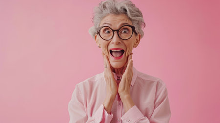 an older woman with glasses and a pink shirt making a surprised faceの素材