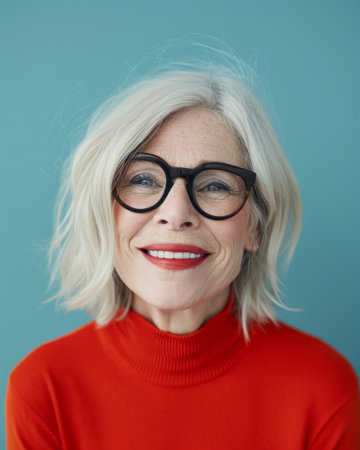 an older woman with glasses and a red sweaterの素材