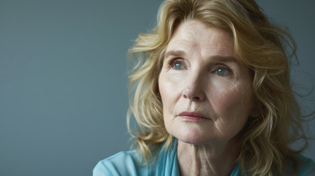 an older woman with blonde hair looking off to the sideの素材