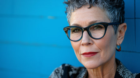 an older woman with glasses and a blue wallの素材