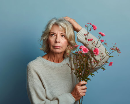 an older woman holding a bouquet of flowersの素材