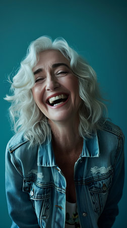 an older woman laughing while wearing a denim jacketの素材