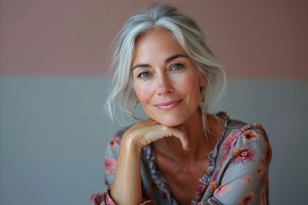 a woman with gray hair posing for the cameraの素材