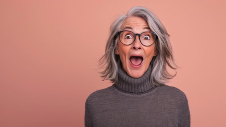 an older woman wearing glasses and a sweater is making a surprised faceの素材