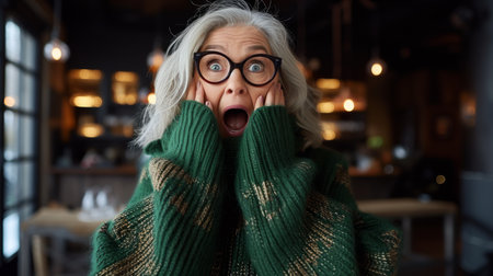 an older woman wearing glasses and a green sweaterの素材