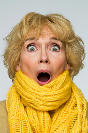 an older woman wearing a yellow scarf with her mouth openの素材