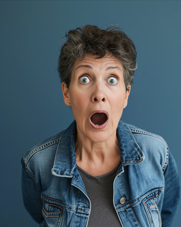 an older woman in a denim jacket is making a surprised faceの素材