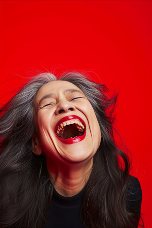 an asian woman laughing with her mouth open on a red backgroundの素材
