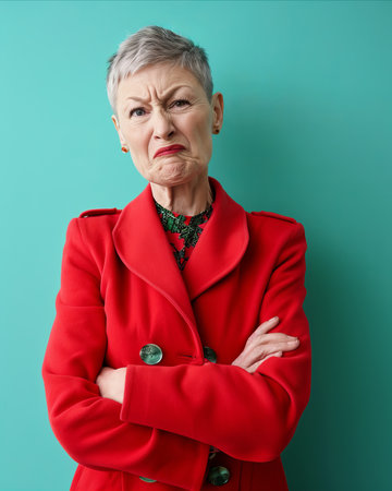 an older woman in a red coat standing with her arms crossedの素材