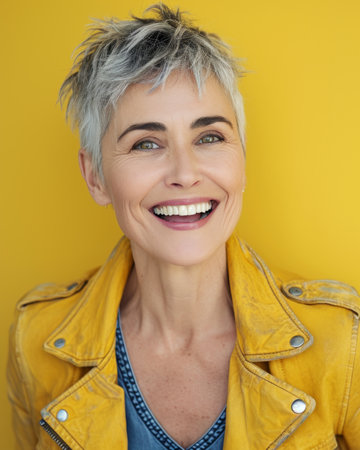 a woman with short gray hair and a yellow jacketの素材