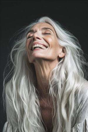 a woman with long white hair laughingの素材