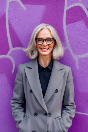 an older woman wearing glasses and a suit standing in front of a purple wallの素材