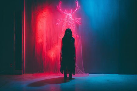 a person standing in front of a red and blue lightの素材