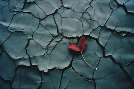 a red leaf sits on the cracked surface of a blue wallの素材