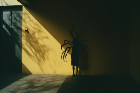 a person standing in front of a wall with a spider on itの素材
