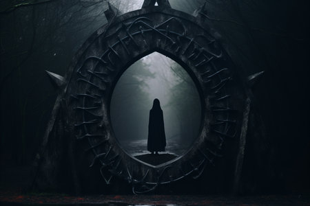 a person standing in front of a gate in a dark forestの素材