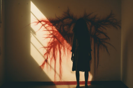 a person standing in front of a wall with a tree painted on itの素材