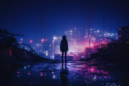 a person standing in front of a city at nightの素材